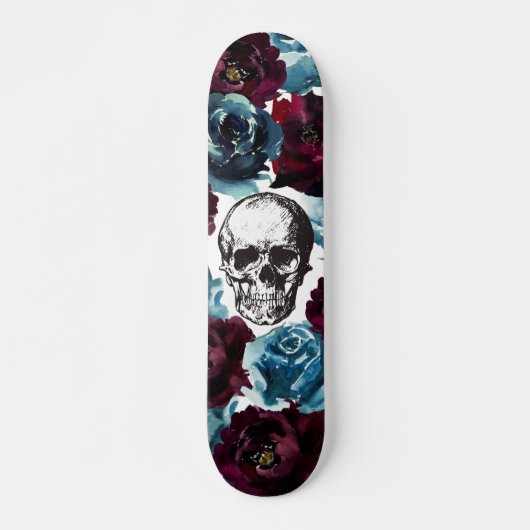 Blue Burgundy Blume Skull GIrly Edgy Skateboard (Vorne)