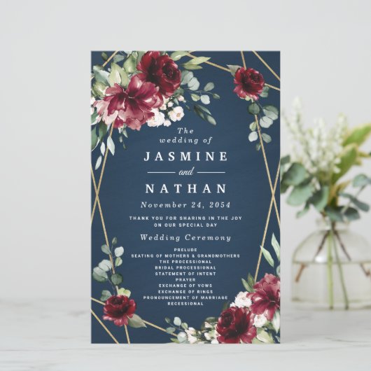 Blue Burgundy Blush and Gold Wedding Programs (Stehend Vorderseite)