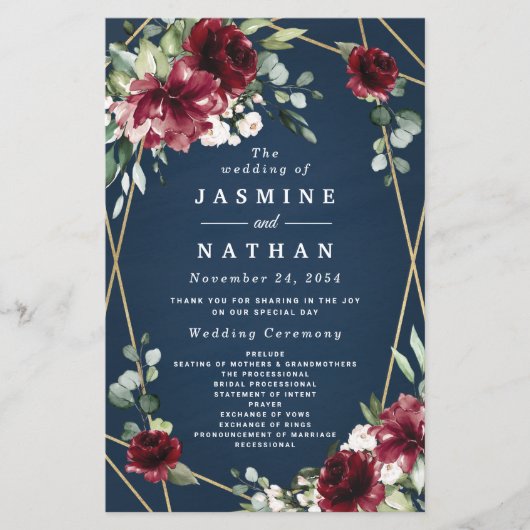 Blue Burgundy Blush and Gold Wedding Programs (Vorderseite)