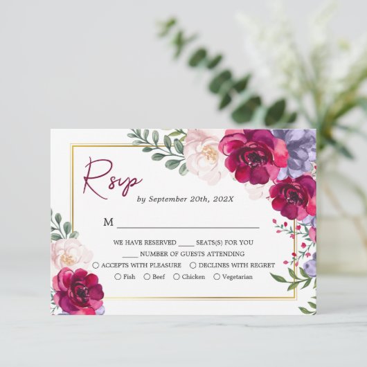 Blue Burgundy & Blush Floral Gold Frame UAWG Begleitkarte (Stehend Vorderseite)