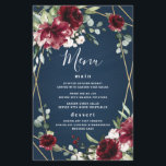 Blue Burgundy Blush Gold Wedding Menu Cards<br><div class="desc">Das Design zeichnet sich durch eine dunkelmarinierte Aquarellwäsche aus,  die mit einem geometrisch oder terrarienbedruckten,  goldfarbenen Rahmen mit eleganten Eukalyptusbäumen und grünen Blätter/Ästen versehen ist. Schöne Rose- und Toroneelemente in Bordeaux-,  Rot-,  Marsala- und anderen Farbtönen mit blindfarbenen,  rosa Blume sind über dem Grün zu sehen.</div>