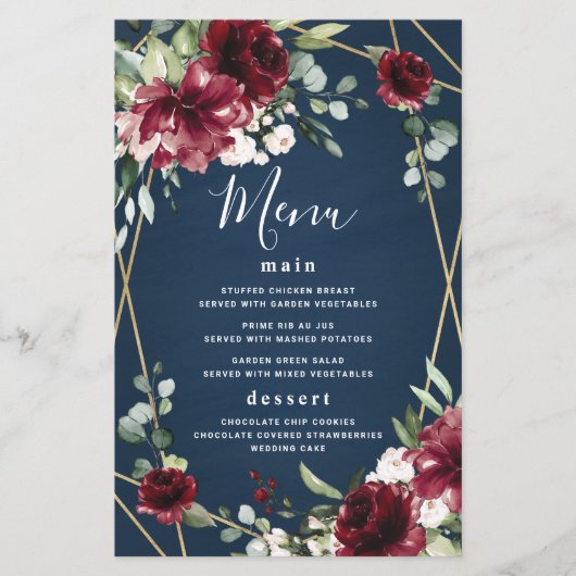Blue Burgundy Blush Gold Wedding Menu Cards (Vorderseite)