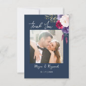 Blue Burgundy & Blush Moderne Blumenhochzeit Dankeskarte (Vorderseite)