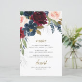 Blue Burgundy Blush Pink Wedding Menu Cards (Stehend Vorderseite)