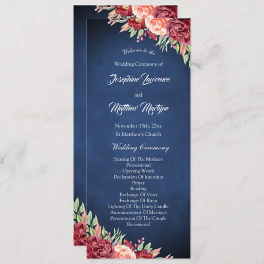Blue Burgundy Blush Rose Bloral Wedding Programm (Vorne/Hinten)