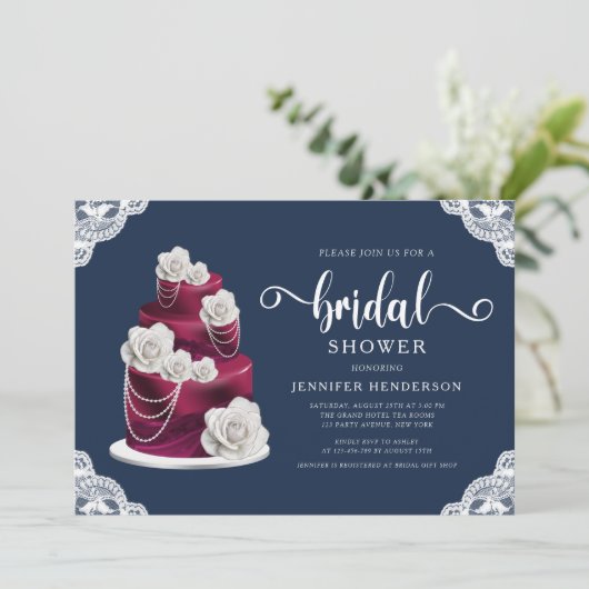 Blue Burgundy Cake & Lace Brautparty Einladung (Stehend Vorderseite)