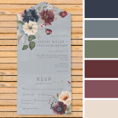 Blue Burgundy & Cream Rustic Floral Blue Dinner All In One Einladung