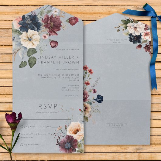 Blue Burgundy & Cream Rustic Floral Blue Dinner All In One Einladung