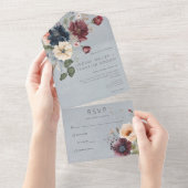 Blue Burgundy & Cream Rustic Floral Blue No Dinner All In One Einladung (Abreißen)