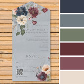 Blue Burgundy & Cream Rustic Floral Blue QR Code All In One Einladung