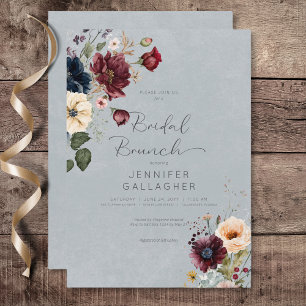 Blue Burgundy & Cream Rustic Floral Bridal Brunch Einladung