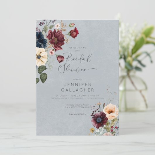 Blue Burgundy & Cream Rustikales Brautparty Einladung (Stehend Vorderseite)