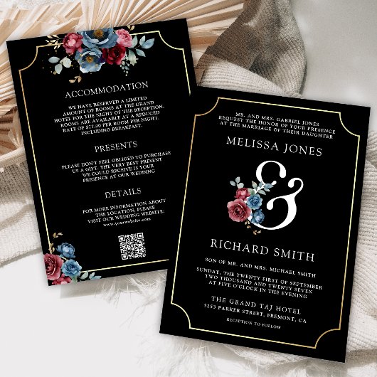 Blue Burgundy Floral Ampersand Black Wedding Einladung
