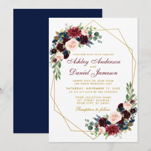 Blue Burgundy Floral Geometric Gold Wedding B Einladung