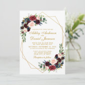 Blue Burgundy Floral Geometric Gold Wedding Einladung (Stehend Vorderseite)