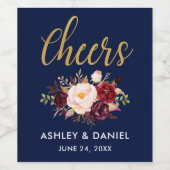 Blue Burgundy Floral Gold Wedding Cheers Weinetikett (Einzelnes Label)