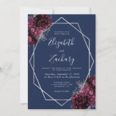 Blue Burgundy Floral Silver QR Code Hochzeit Einladung (Vorderseite)