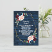 Blue Burgundy Gold Blush Pink Country Wedding Begleitkarte (Stehend Vorderseite)