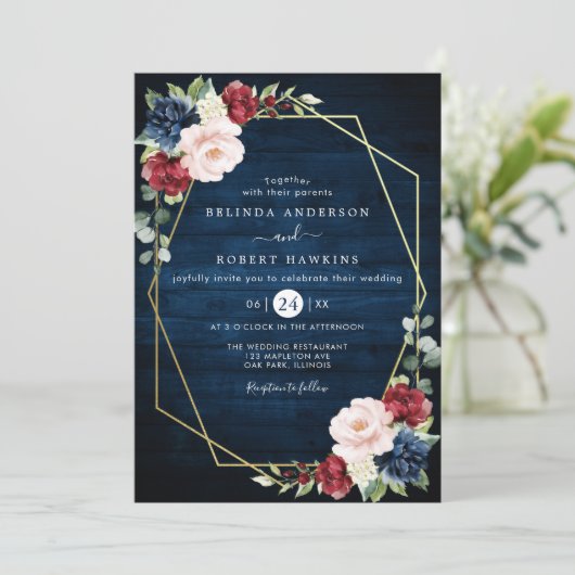 Blue Burgundy Gold Blush Pink Country Wedding Einladung (Stehend Vorderseite)