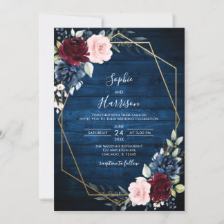 Blue Burgundy Gold Blush Rustic Wood Wedding Einladung