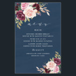 Blue Burgundy Gold Blush Wedding Menu Cards<br><div class="desc">Das Design zeichnet sich durch einen eleganten, dunkelblauen Hintergrund mit einem Aquarellbouquet oder Kranz in den Farben Bordeaux, Marsala, hellblütenrosa, Pfirsich und mehr über die grünen Elemente Eukalyptus und Vintage vergoldete Blätter aus. Sie können Text unter den Tools anpassen, hinzufügen, löschen, wenn Sie es vorziehen, mit dieser grafischen Vorlage eine...</div>