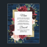 Blue Burgundy Gold Blush Wedding Menu Cards<br><div class="desc">Das Design ist mit einem dunkelmarineblauen Kornholzboden versehen,  der mit einem eleganten Blumenkranz mit Blume aus der Rose,  Eukalyptusgrün und mehr in Bordeaux-,  Marsala-Rot-,  Maronrot-,  Rosa- und Rosatönen dekoriert ist. Das Design besticht durch einen goldfarbenen,  bedruckten Rahmen unter dem blumengeschmückten Kranz für ein modernes Aussehen.</div>