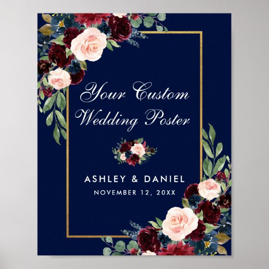 Blue Burgundy Gold Floral Wedding Custom Poster (Vorne)