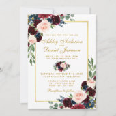 Blue Burgundy Gold Floral Wedding Einladung (Vorderseite)