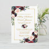 Blue Burgundy Gold Floral Wedding Einladung (Stehend Vorderseite)
