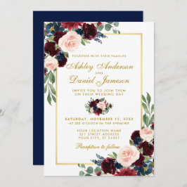 Blue Burgundy Gold Floral Wedding Einladung