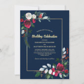 Blue Burgundy Gold Floral Wedding Einladung (Vorderseite)