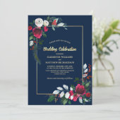 Blue Burgundy Gold Floral Wedding Einladung (Stehend Vorderseite)