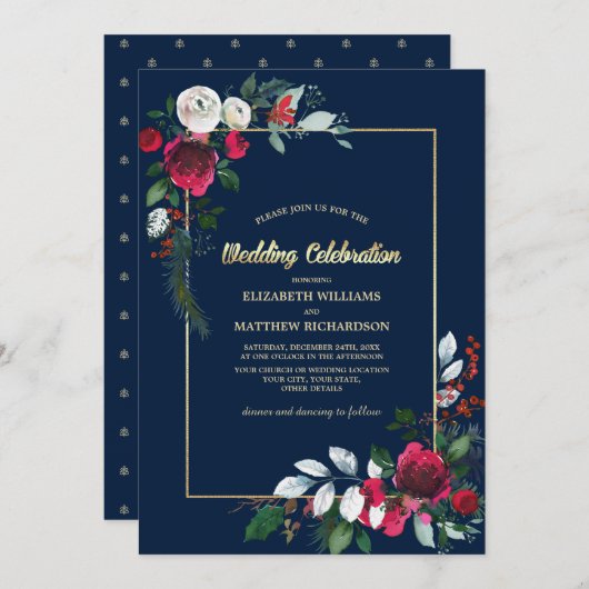 Blue Burgundy Gold Floral Wedding Einladung (Vorne/Hinten)