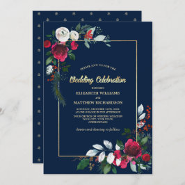 Blue Burgundy Gold Floral Wedding Einladung