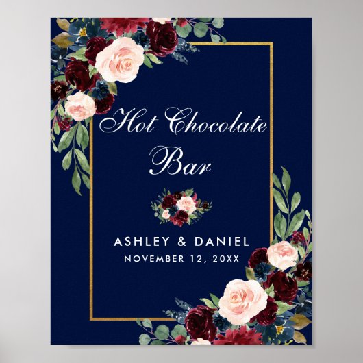 Blue Burgundy Gold Floral Wedding Hot Chocolate Poster (Vorne)