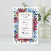 Blue Burgundy Gold Floral Wedding Save The Date (Stehend Vorderseite)