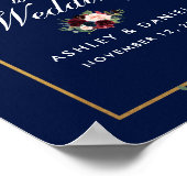 Blue Burgundy Gold Floral Wedding Willkommen Poster (Ecke)