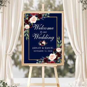 Blue Burgundy Gold Floral Wedding Willkommen Poster