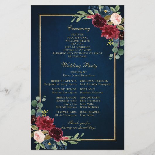Blue Burgundy Gold Geometric Wedding Program (Rückseite)