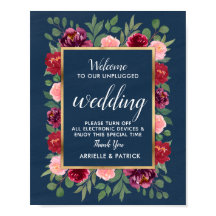 Blue Burgundy Gold Unplugged Wedding Sign