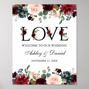 Blue Burgundy Liebe Hochzeit Begrüßung Poster