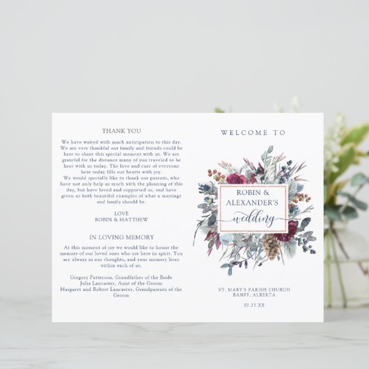 Blue Burgundy Lila Floral Folded Wedding Programm (Stehend Vorderseite)