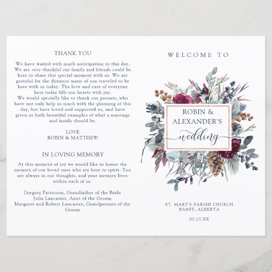 Blue Burgundy Lila Floral Folded Wedding Programm (Vorderseite)