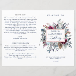 Blue Burgundy Lila Floral Folded Wedding Programm