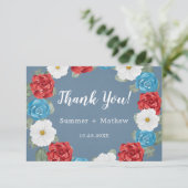 Blue Burgundy Painted Peony Wedding Danke Card (Stehend Vorderseite)