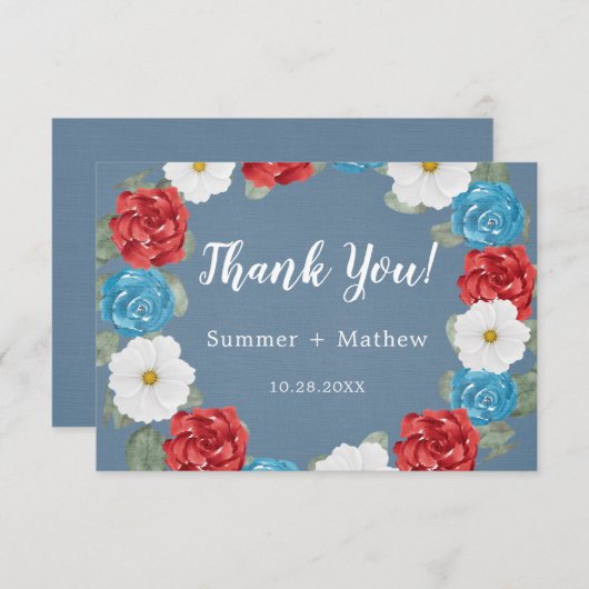 Blue Burgundy Painted Peony Wedding Danke Card (Vorne/Hinten)