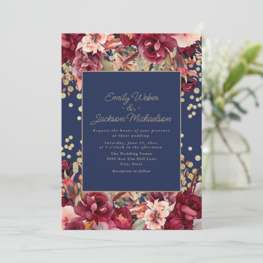 Blue Burgundy Pink Floral Gold Glitzer Einladung (Stehend Vorderseite)