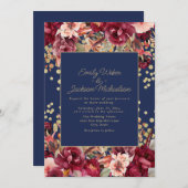 Blue Burgundy Pink Floral Gold Glitzer Einladung (Vorne/Hinten)