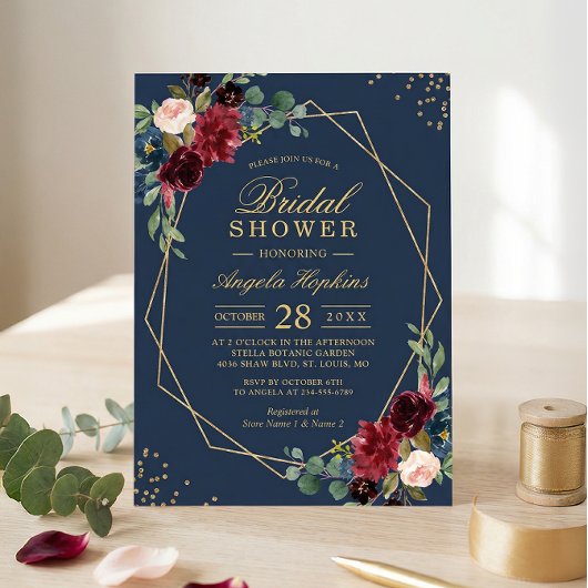 Blue Burgundy Red Floral Modernes Brautparty Einladung