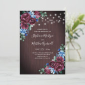 Blue Burgundy String Lights Floral Wood Wedding Einladung (Stehend Vorderseite)